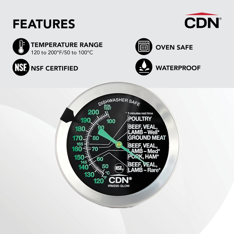 CDN ترمومتر لحم مقاوم للفرن CDN - قرص مضيء | ProAccurate® | مقاوم للماء | 2" قرص | للشواء، الدواجن، اللحم البقري | قابل لإعادة المعايرة | سهل القراءة | IRM200-GLOW - Image 2